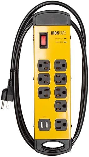 Iron Forge Cable Multicontacto de 8 tomas con protector contra sobretensiones de alta resistencia y disyuntor integrado, 143 SJT negro y amarillo