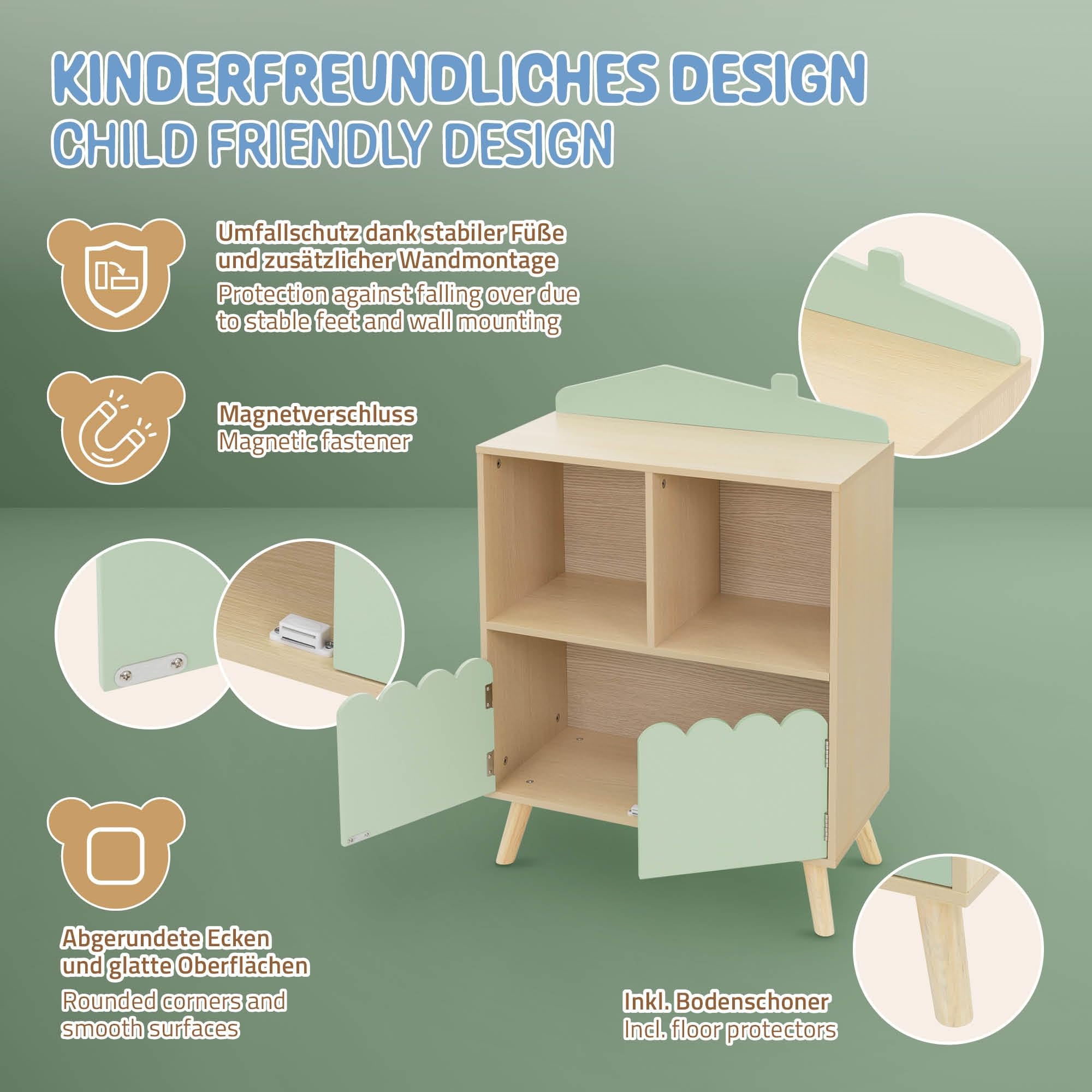 Joyz Etagère pour Enfants avec 3 Compartiments, 60x30x82 cm, Bibliothèque en Bois, Vert Naturel, Design Maison, Armoire à Jouets avec Espace de Rangement, Meubles sur Pied pour Chambre d'enfant
