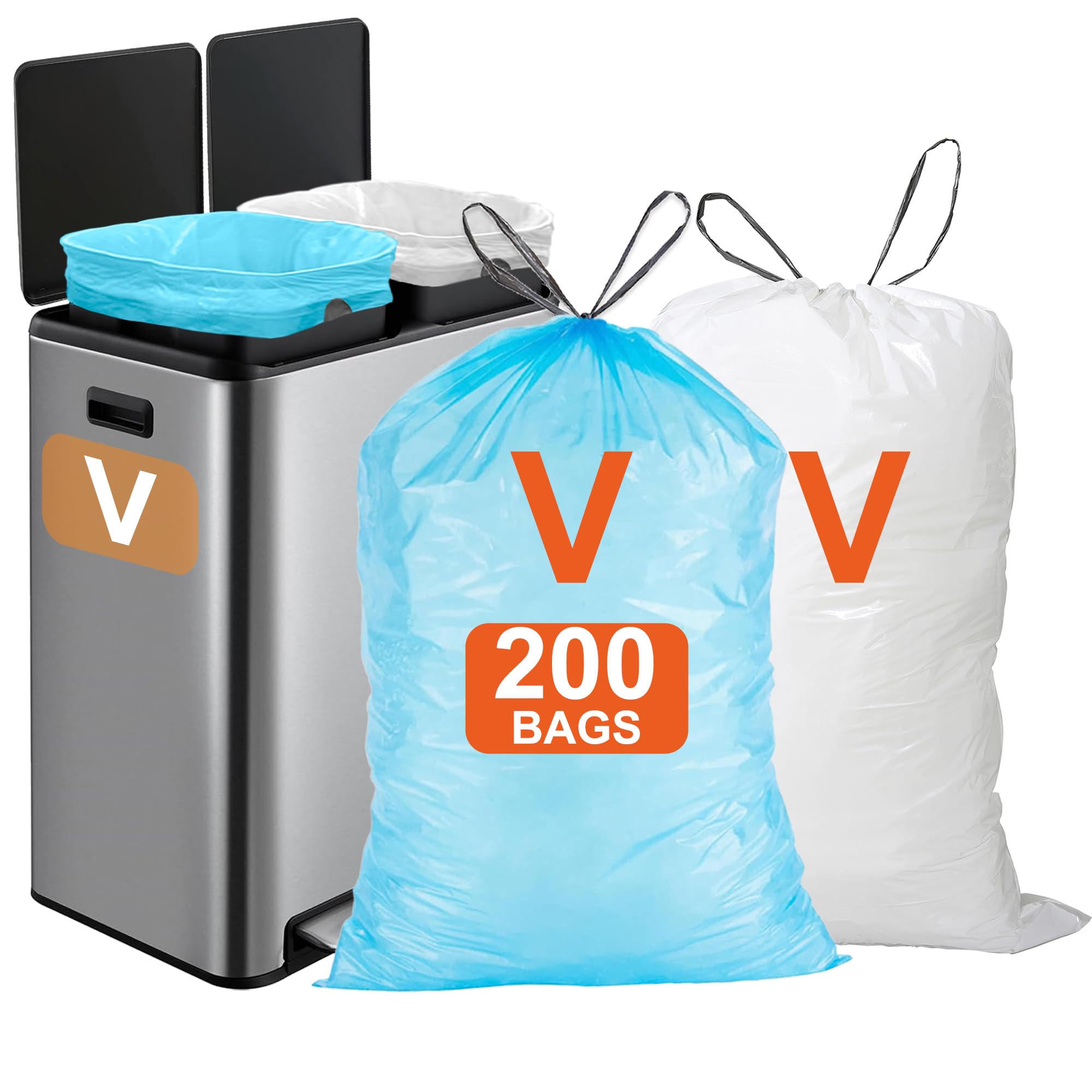 Code V 200 Count Heavy Duty Trash Bags THICK Garbage Can Liners Reinforced Drawstring Trash Bags Blue 100 &amp; White 100 TOTAL 200 Count GRAND SAVE!