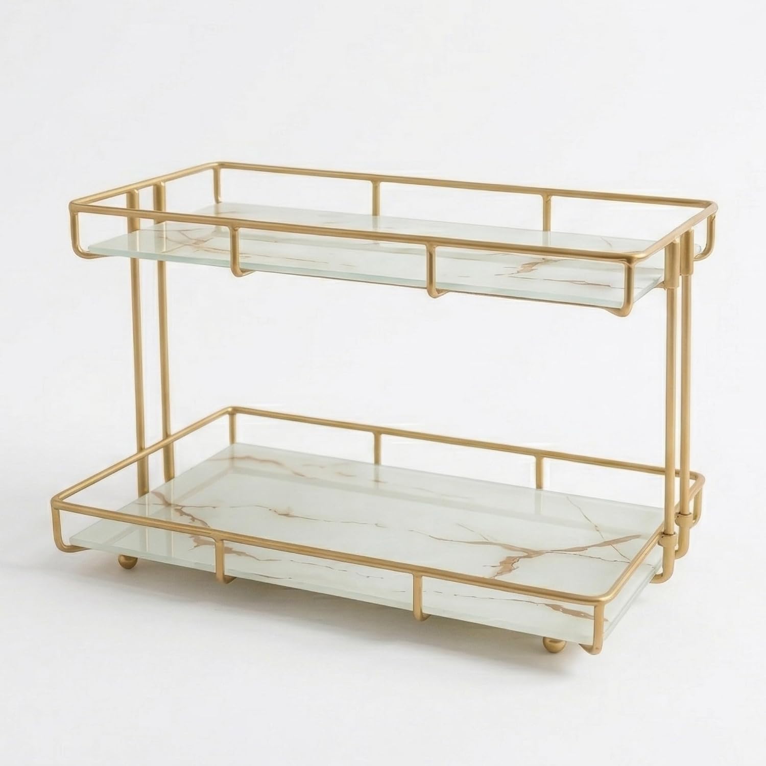 2-Tier White Marble Bathroom Countertop Organizer – Glass Shelves & Gold Metal Frame, Elegant Vanity Storage Shelf for Perfume, Skincare, Makeup & Toiletries