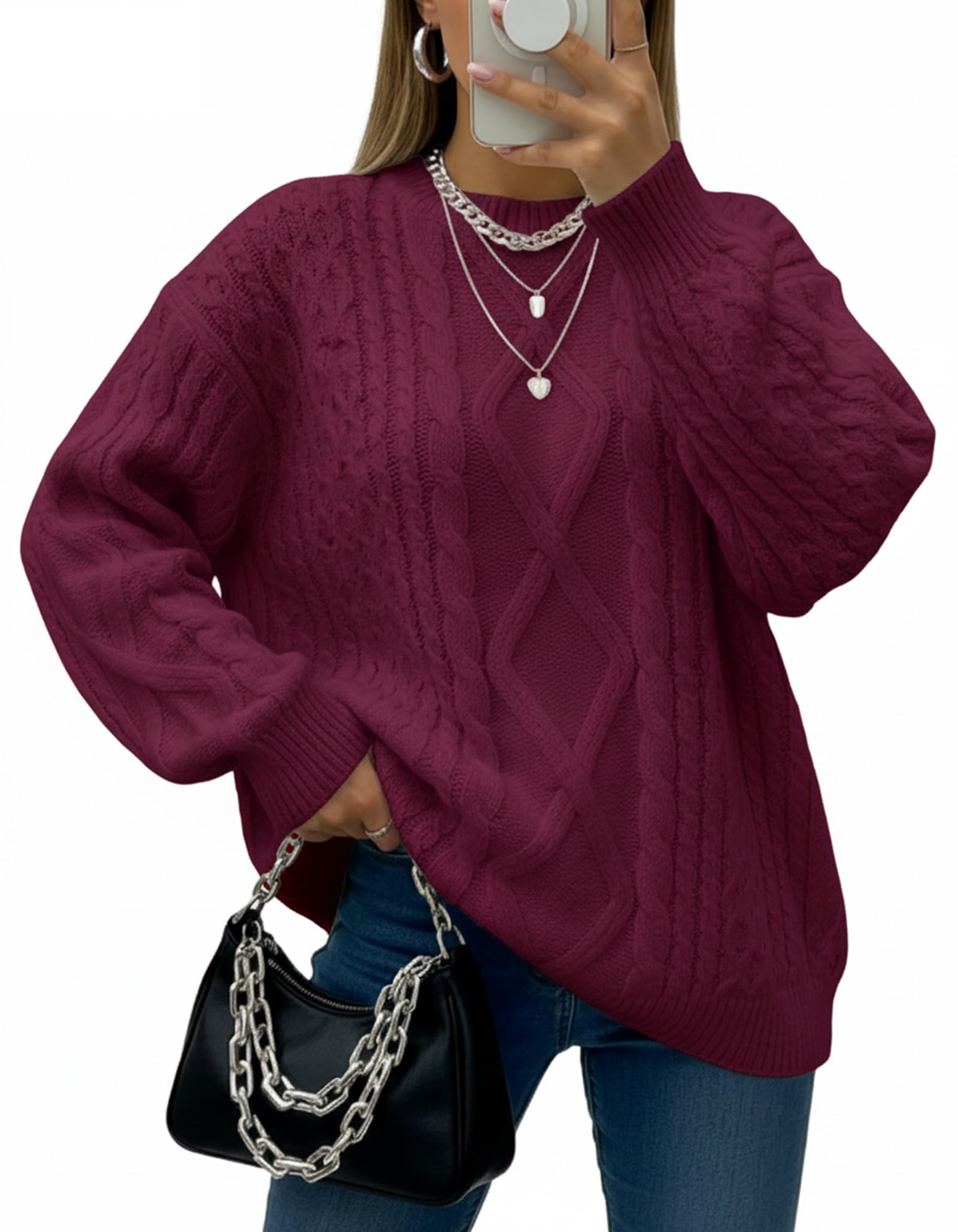 Women Oversized Sweater Cable Knit Chunky Pullover Long Sleeve Crew Neck Outfit Winter Knitwear Loose Fit Casual Top