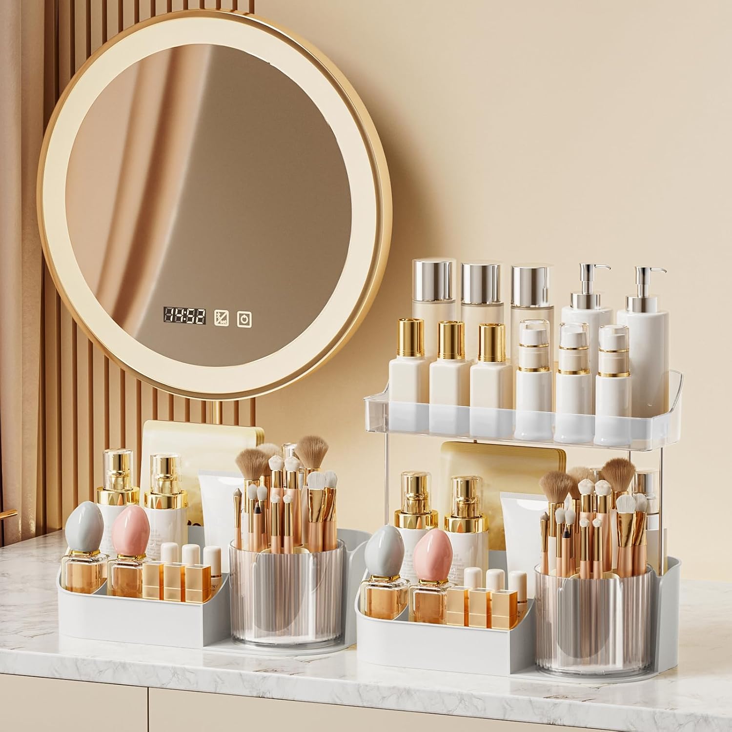 DASITON Large Capacity Makeup Organizer with 360° Rotating Makeup Brush Holder, Perfume and Skincare Storage Organizers for Vanity Bathroom Countertop, Cosmetic Display Case (White, 1 Tier)