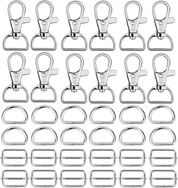 Hysagtek 60 Pcs Metal Keychain Bulk - Swivel Snap Hooks, D Ring and Slide Buckle Triglide for Handbag Purse Hardware Fasteners, Strap, Backpack DIY Craft Accessories, 1 Inch, Silver