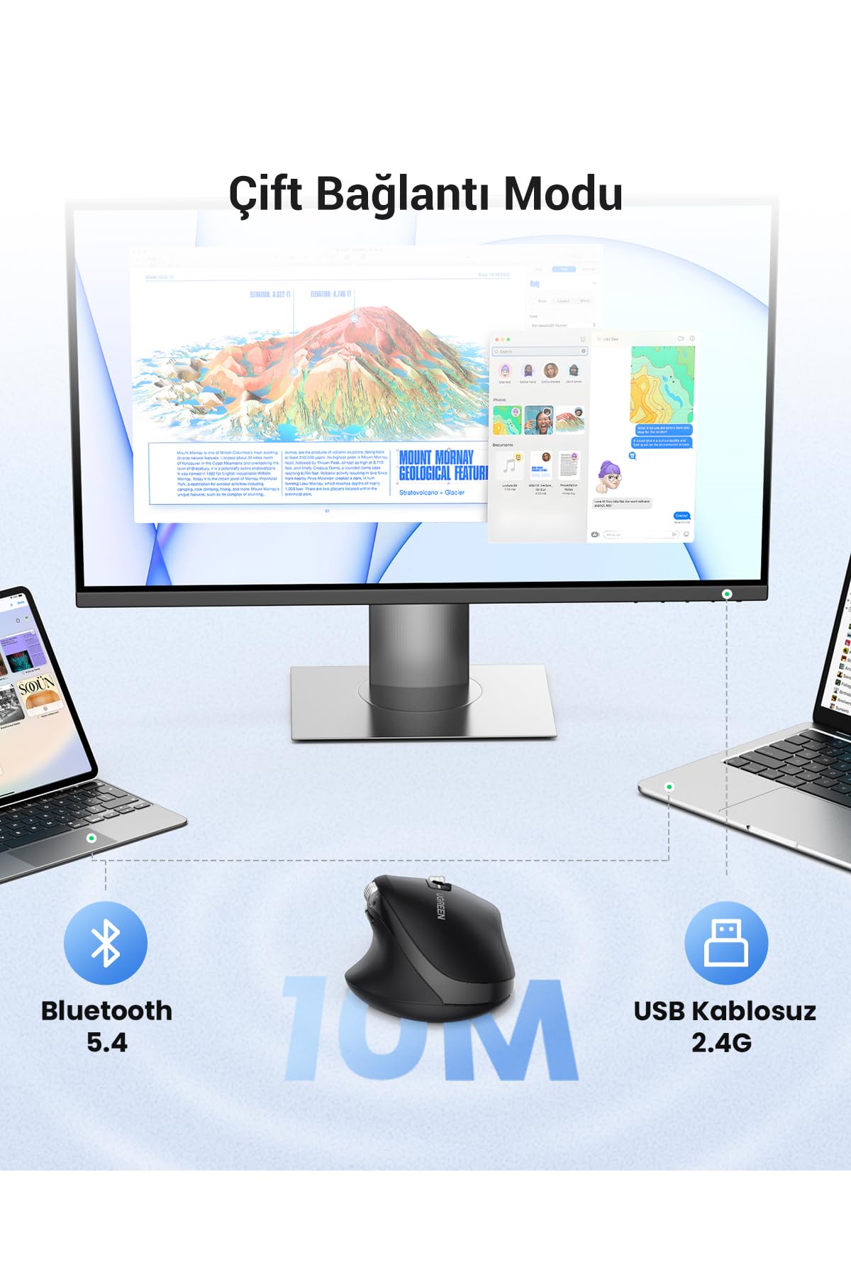 Mysz bezprzewodowa UGREEN 2,4 GHz z Bluetooth z ultraszybkim przewijaniem, ergonomiczna mysz z cichym kliknięciem, zasięg 10 m, kompatybilna z systemami Windows, Linux, macOS, Android i innymi