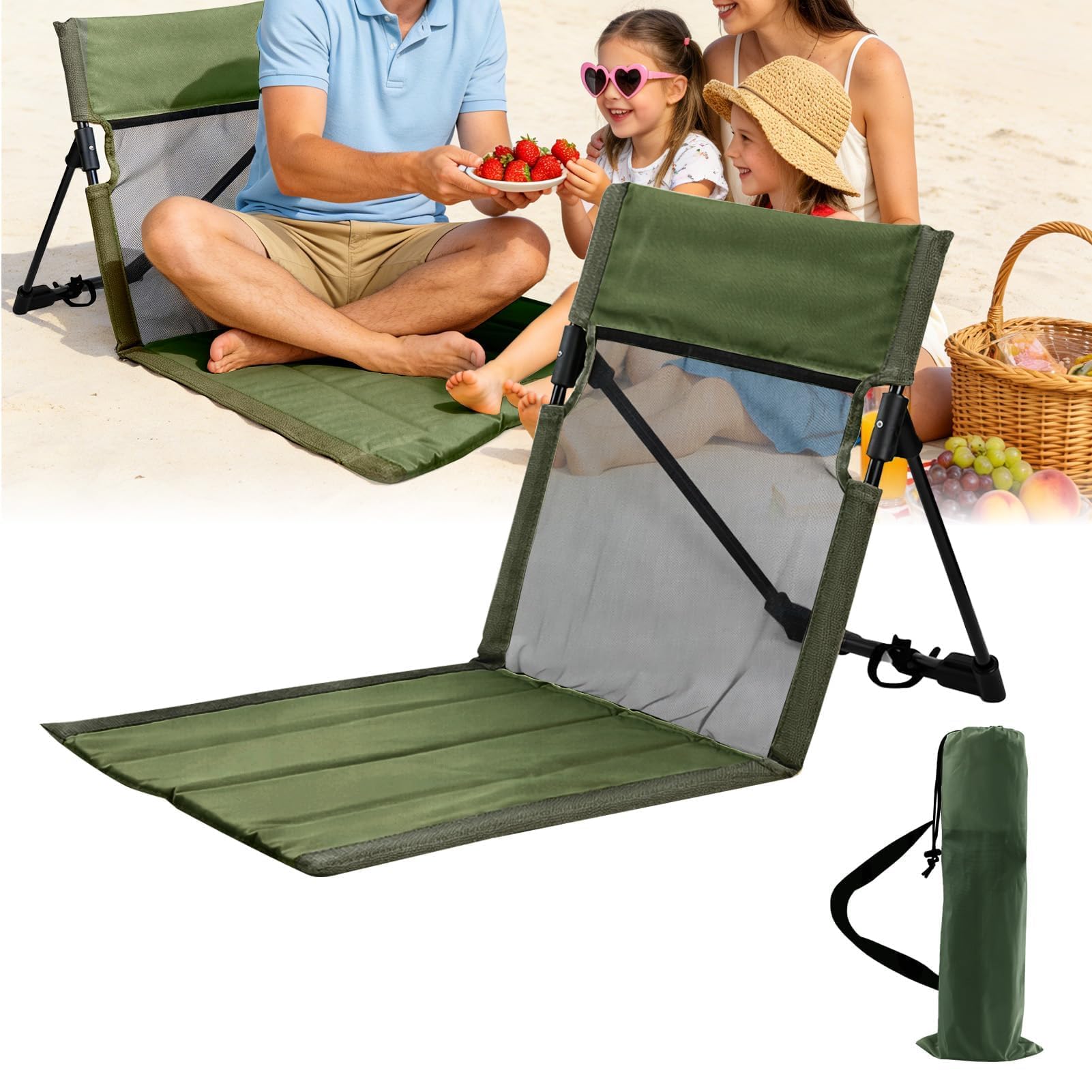 Tappetino da Spiaggia con Schienale,Schienales da Spiaggia Sedia Campeggio, Leggera Trasporto Stuoia Mare con Schienales per Campeggio, Cortile, Picnic (Verde, Modello traspirante)