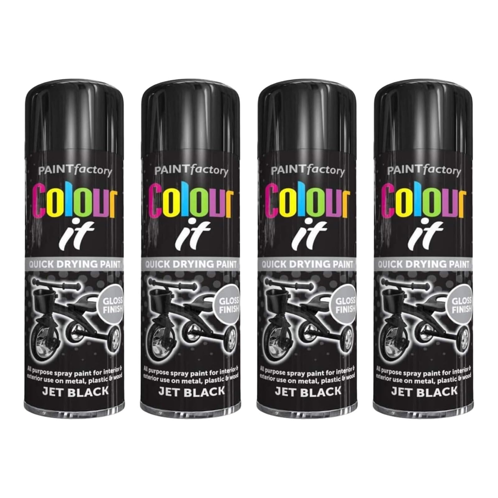 PNJB Paint Spray Can 250ml 'Black Gloss' General Purpose, Fast Dry Excellent Coverage Adhesion, Spray Paint For Metal, Plastic, Wood, Stone, Gloss Finish (Pack of 4)