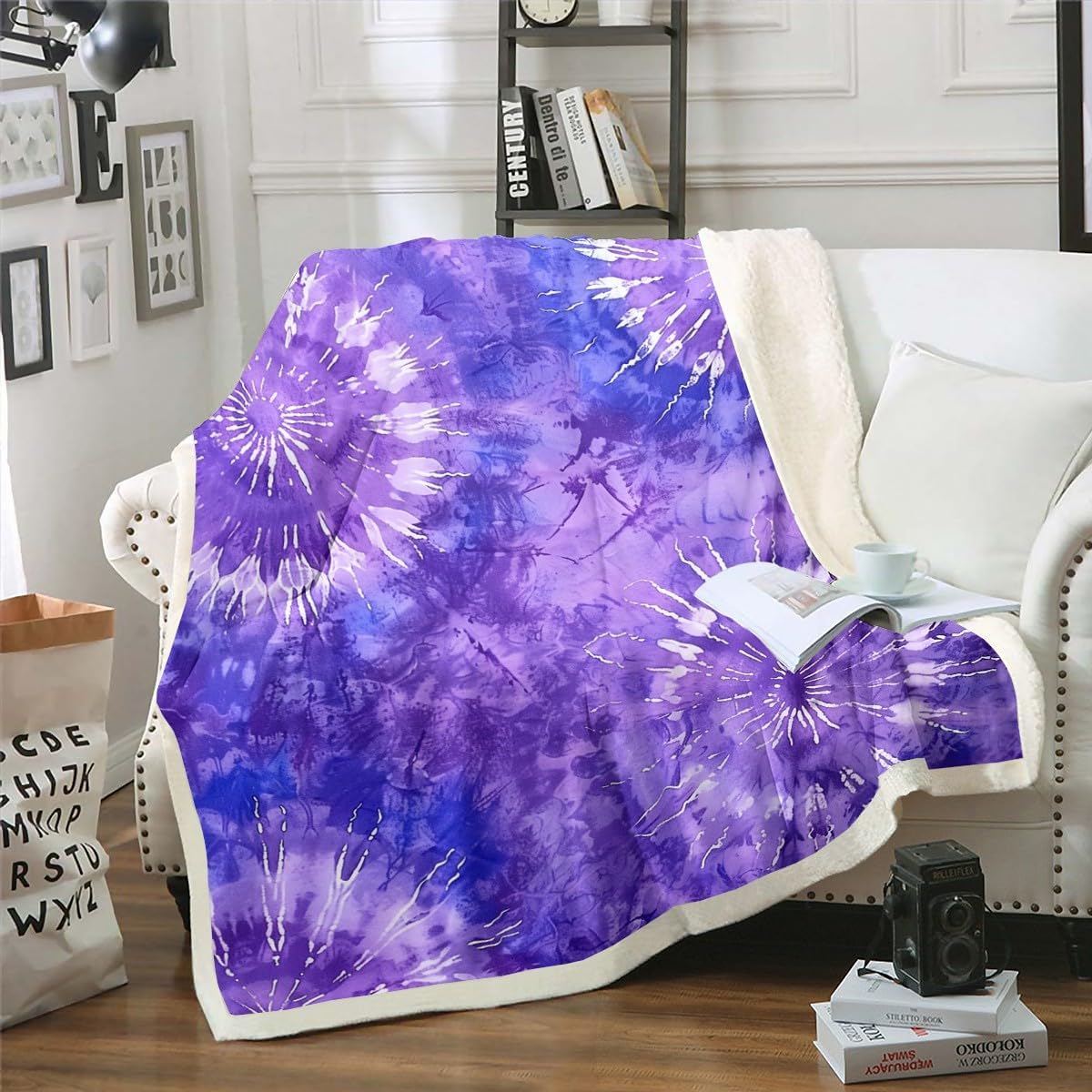 Erosebridal Tie Dye Fleece Blanket for Girls Kids Boho Tie Dyed Purple Throw Blanket Queen 90"X90",Bohemian Gypsy Watercolor Sherpa Blanket Exotic Hippie Spiral Flannel Blanket Soft Lightweight