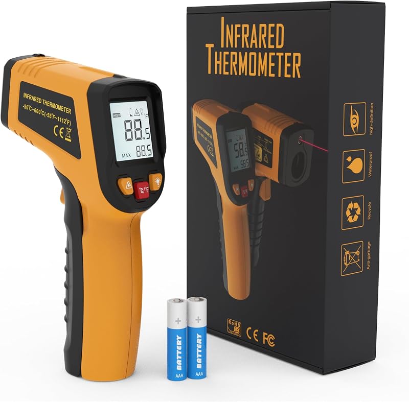 Infrared Thermometer Gun, -58℉ to 1112℉ | Temp Gun, Laser Temperature Gun, for Cooking, Oven, BBQ, Griddle, Meat, HVAC Engine, Distance to Spot Ratio 12:1, Orange