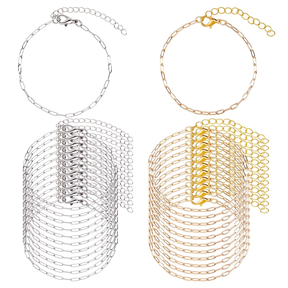 Hobbspring 24Pcs Stainless Steel Bracelet Chains 2 Colors Bracelet Link Chains DIY Jewelry Making Bracelets Chains Adjustable Charm Bracelets with Lobster Clasps for Women DIY Bracelet Crafts Supplies