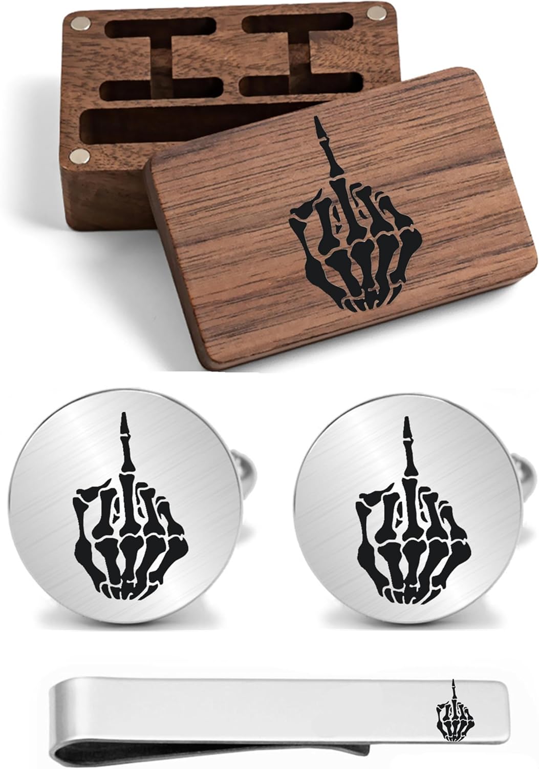 Kooer Engraved Skeleton Middle Finger Skull Hand Cufflinks and Tie Clip Set Gift for Men