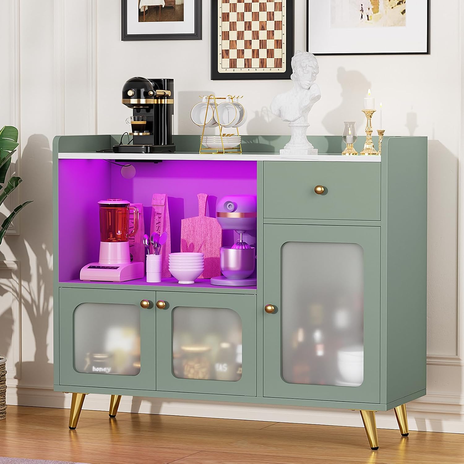Cyclysio Sideboard Buffet Cabinet with Power Outlet, Kitchen Cabinet with LED Lights, Large Bar Cart Accent Buffet Cabinets with Door for Bedroom, Living Room, Kitchen, Hallway, Cyan