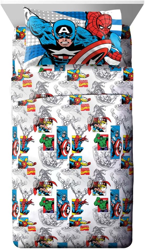 Jay Franco Kids Sheet Set with Fitted, Flat Sheets & Pillow Cover - Ultra-Soft Bedding with Pillowcase for Room Decor, White - Avengers, 3 Piece Twin