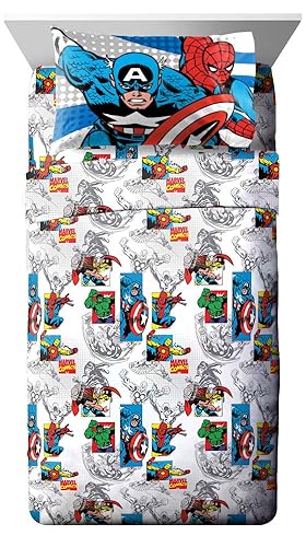 Jay Franco Kids Sheet Set with Fitted, Flat Sheets & Pillow Cover - Ultra-Soft Bedding with Pillowcase for Room Decor, White - Avengers, 3 Piece Twin