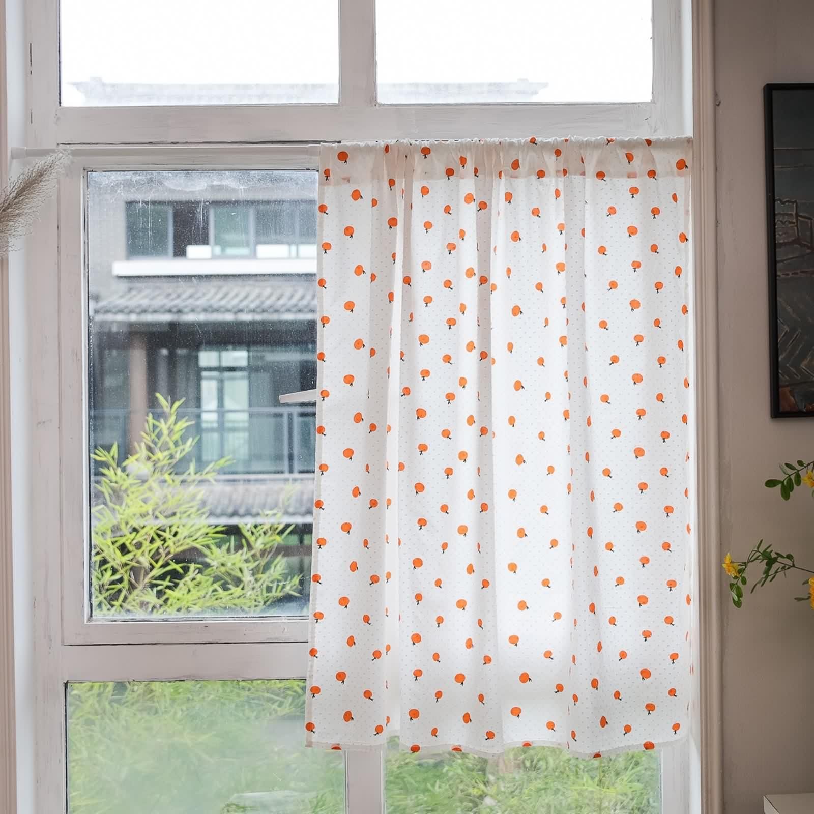 Bistrogardine 2er Set, Beige Orange Küchenvorhang Baumwolle Kurzgardinen Scheibengardinen Orangefarbenes Muster BxH 140x140cm