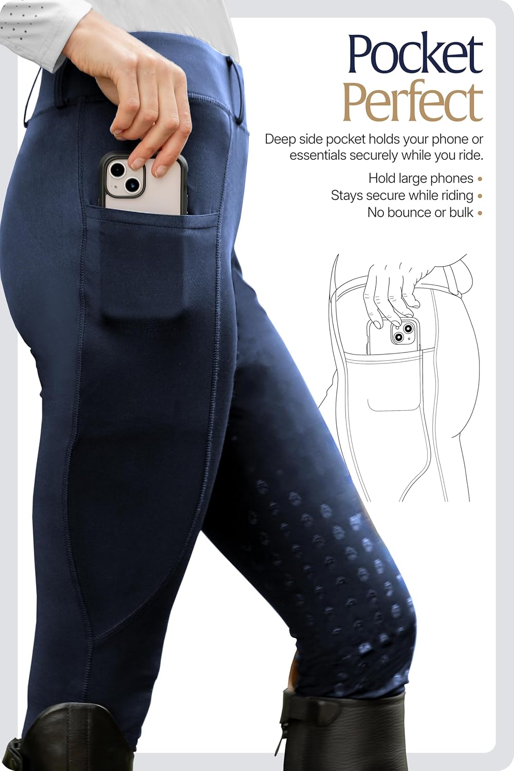 Equinavia Classic Womens Equestrian Silicone Knee Patch Breeches with Phone Pockets | Horse Riding Pants Schooling Tights