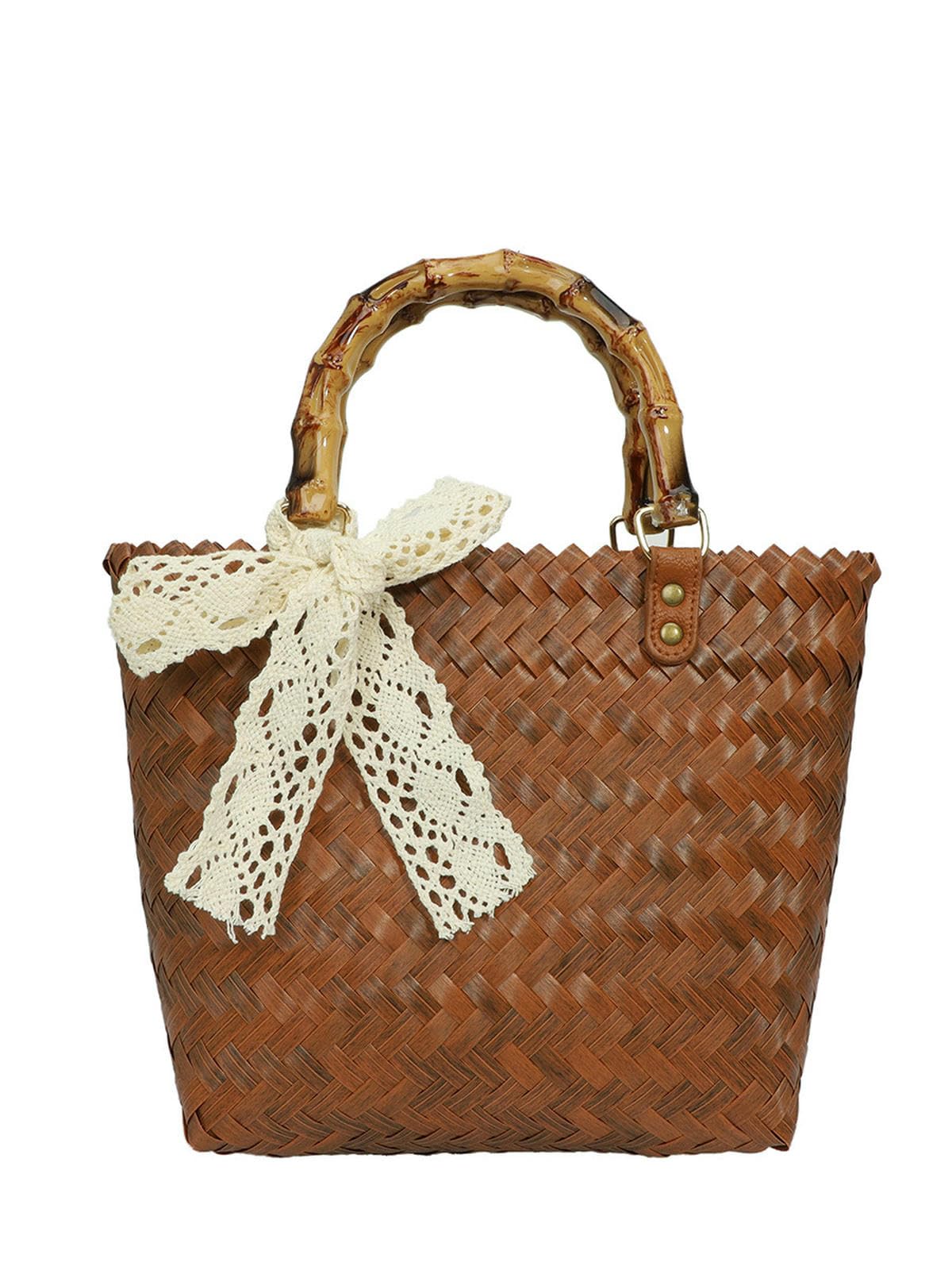 Sac de plage femme grand format cabas toile paille tressée poignée bambou marron