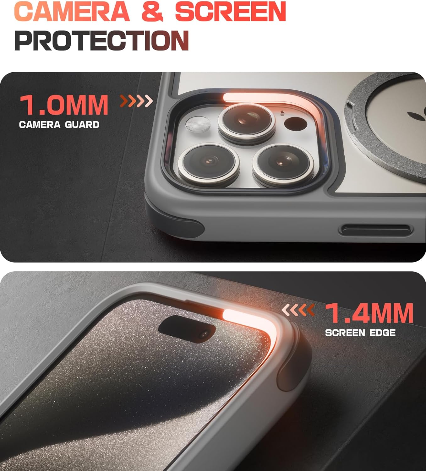 Mobnano for iPhone 15 Pro Case with Stand, Compatible with MagSafe, Crystal Clear Back, Military-Grade Protection, Magnetic Ring Holder Protective Bumpers, Non-Yellowing Scratch-Resistant - Grey/Black