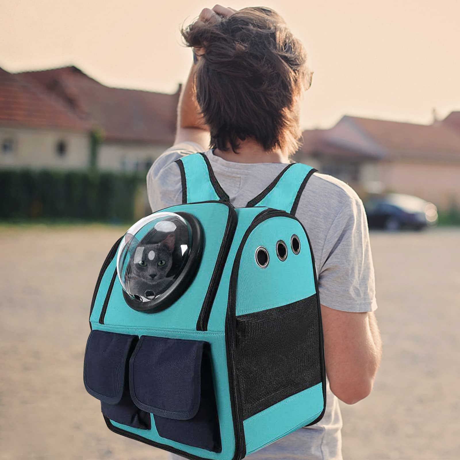 PETCUTE Mochila para Gatos,Mochila Transportín Perro,Plegable Mochila para Transporte de Mascotas con Cápsula Espacial Ventilada,Mochila Transportín Gato con Cama de Felpa Suave,Aerolínea Aprobada