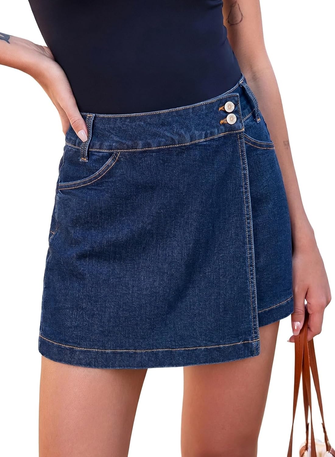Sidefeel Skorts for Woman Casual High Waisted Stretchy Jean Shorts Trendy Asymmetrical Summer Denim Mini Skirts with Pockets