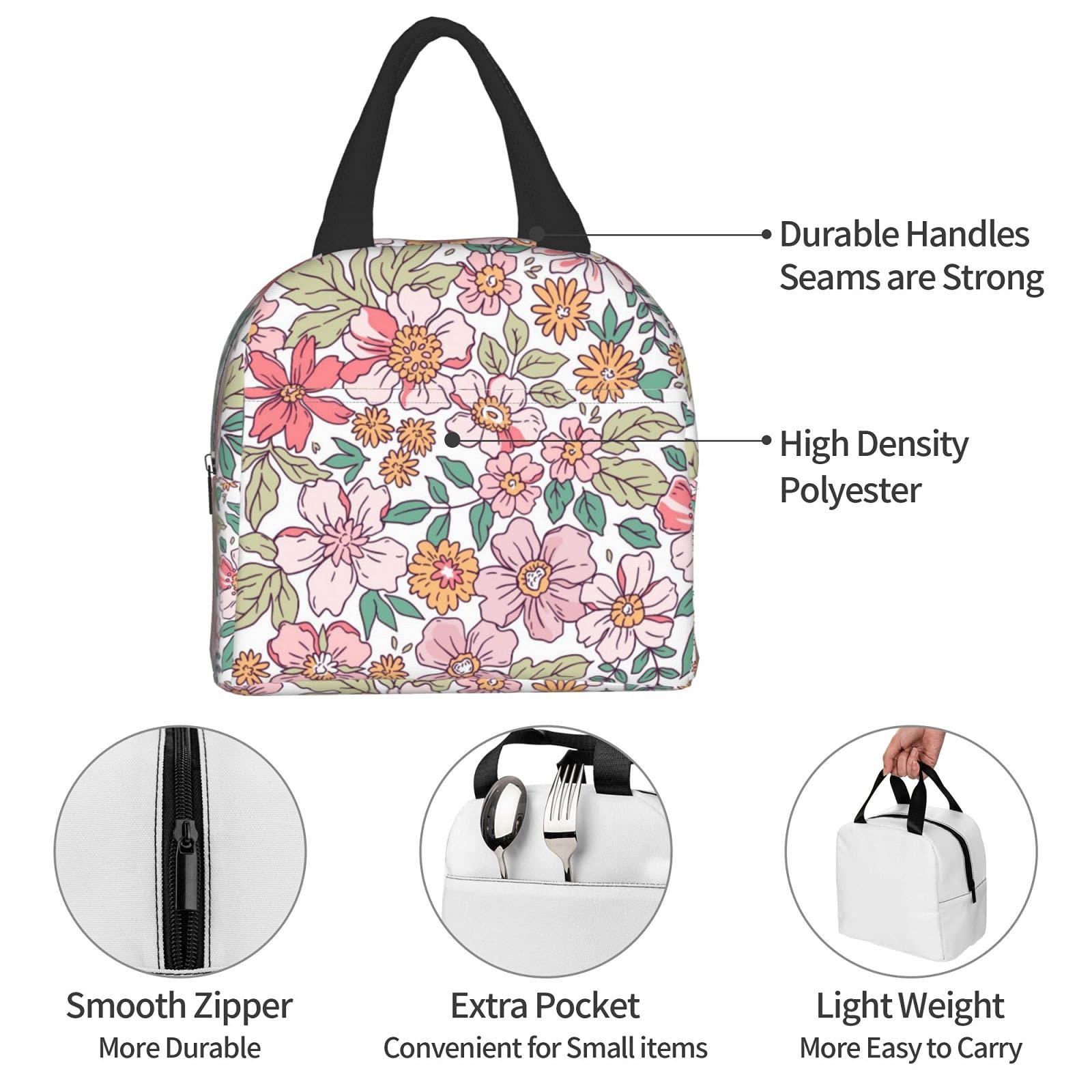Borsa termica termica per il pranzo con motivo floreale, colore nero, per donne, ragazze, adulti, per picnic, per scuola, ufficio, all'aperto