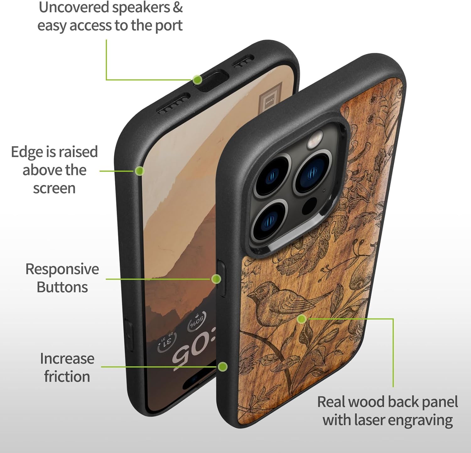 Carveit Magnetic Wooden Case for iPhone 15 Pro Case, Compatible with MagSafe Wireless Chargers, Black Soft TPU Shockproof Cover & Wood Artisan Engraved (Chrysanthemum and Songbird) - Walnut