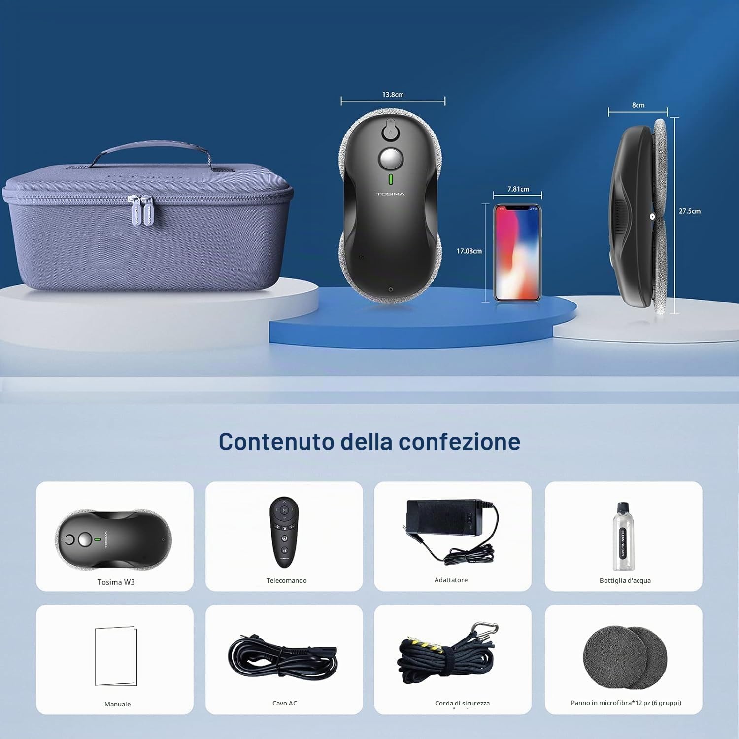 Tosima W3 Robot Lavavetri Finestre, Lavavetri Elettrico per Finestre con Navigazione Intelligente, Sistema di Sicurezza Triplo, Telecomando, Custodia e 12 Panni, per Tutte le Superfici Lisce, Grigio