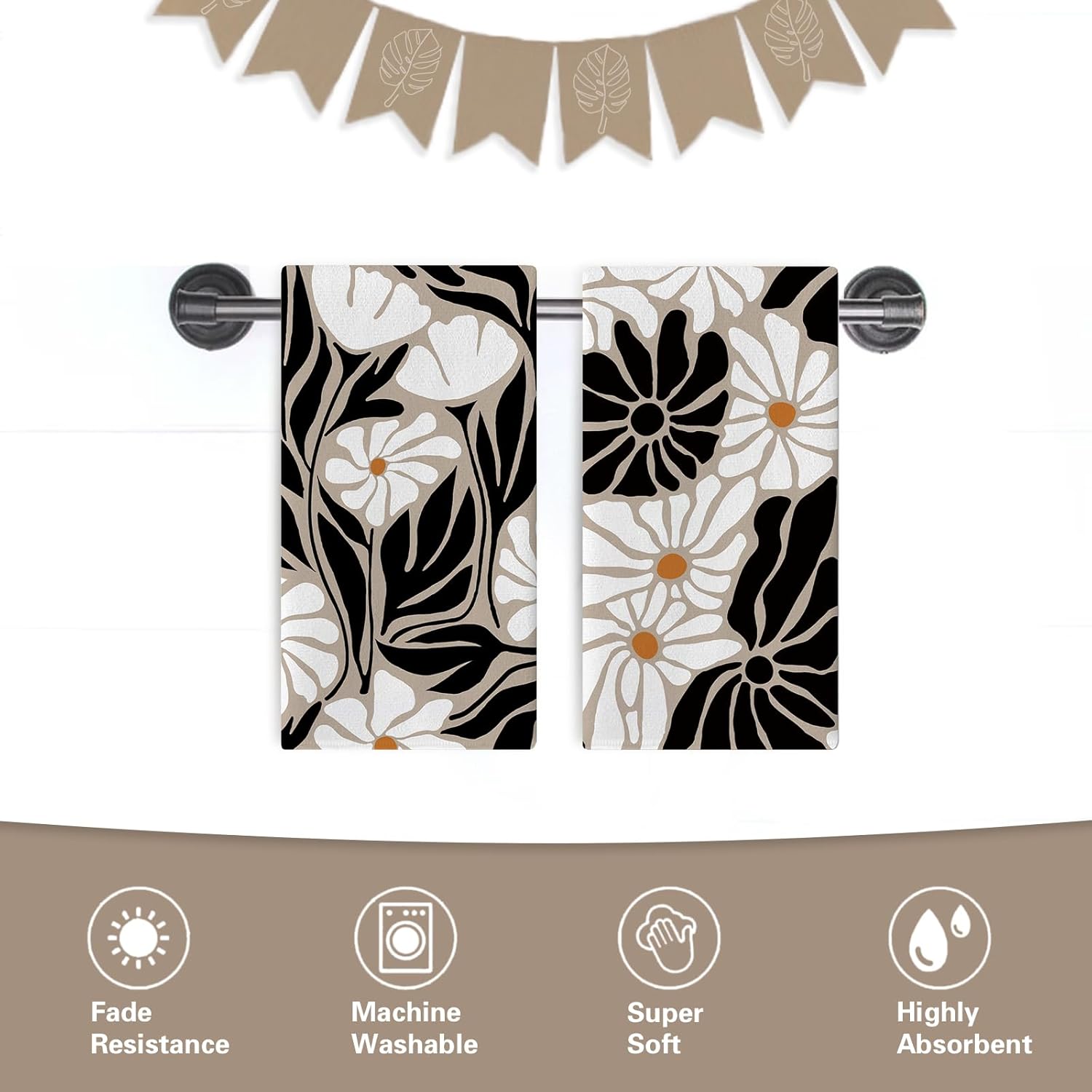 ブラック ホワイト フラワー キッチン ディッシュタオル 2枚セット ボーホー ヴィンテージ 抽象 花柄 モダンアート 乾燥 ハンド