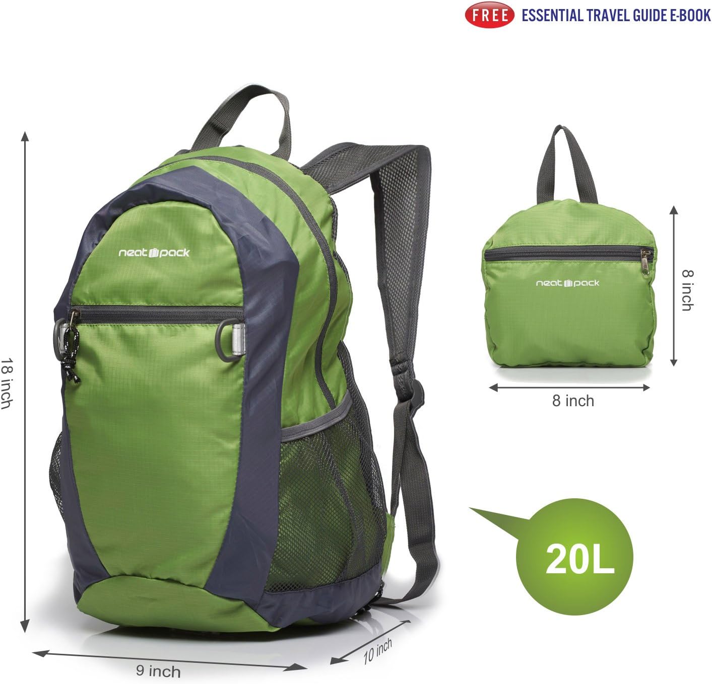 NeatPack Durable, Foldable Nylon Backpack/Daypack with Security Zippers, 20L (GREEN)