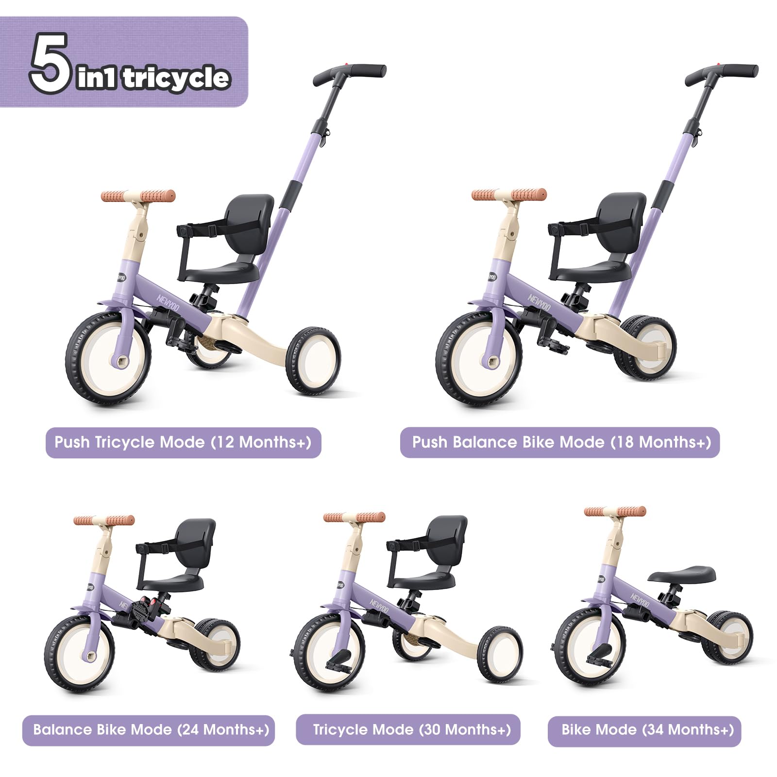 Newyoo Tricycle 5-en-1 Pour Enfants De 1 à 3 Ans : Poussette, Vélo Sans Pédales, Guidon Réglable, Barres De Sécurité, Modèle TR007 Blanc
