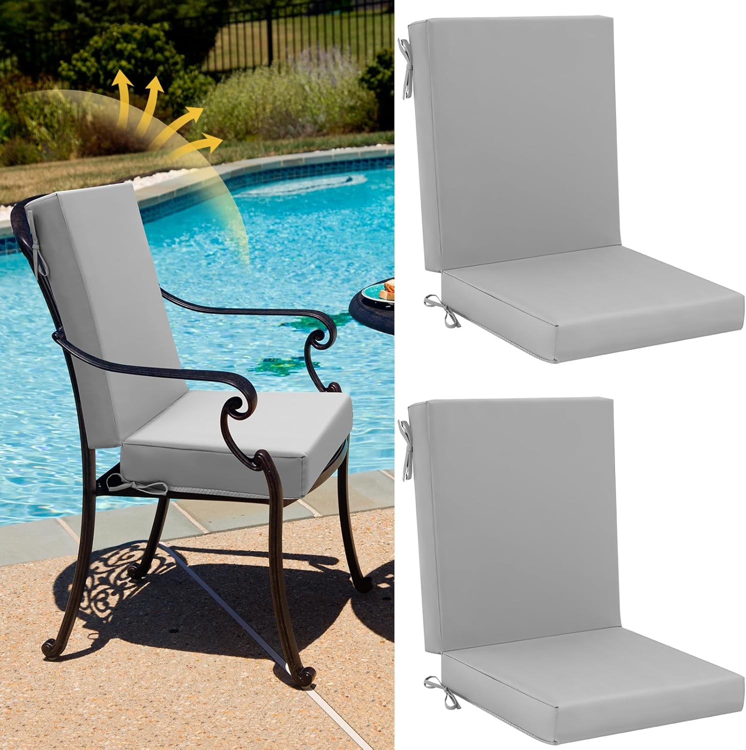 Patelai 2 Set 42x21x3 Inch Outdoor Patio Chair Cushions for Dining/Rocking Chairs High Back Soft Seat Pad with Ties Waterproof Fade Resistant for Indoor Outside Furniture (Modern,Light Grey)