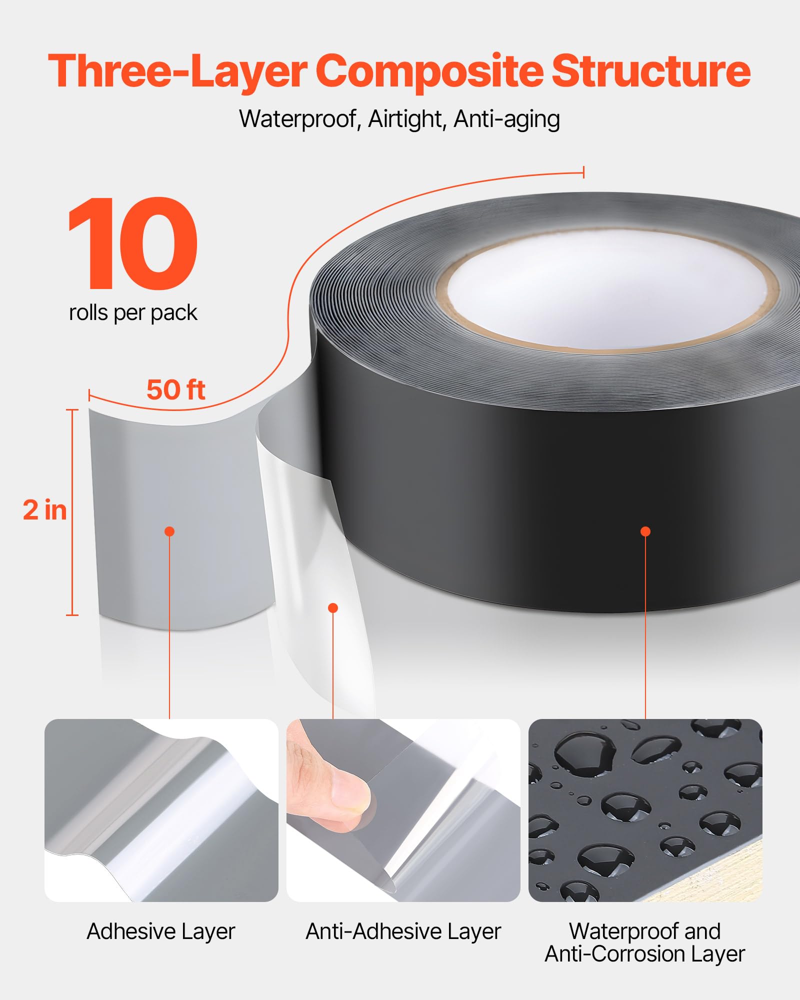 VEVOR Nastro per travetti da 5,1 cm x 15,2 m, confezione da 10 pezzi, resistente alle intemperie, impermeabile, lampeggiante, per terrazze, per terrazze in legno, travi, tetti, camper, casa e