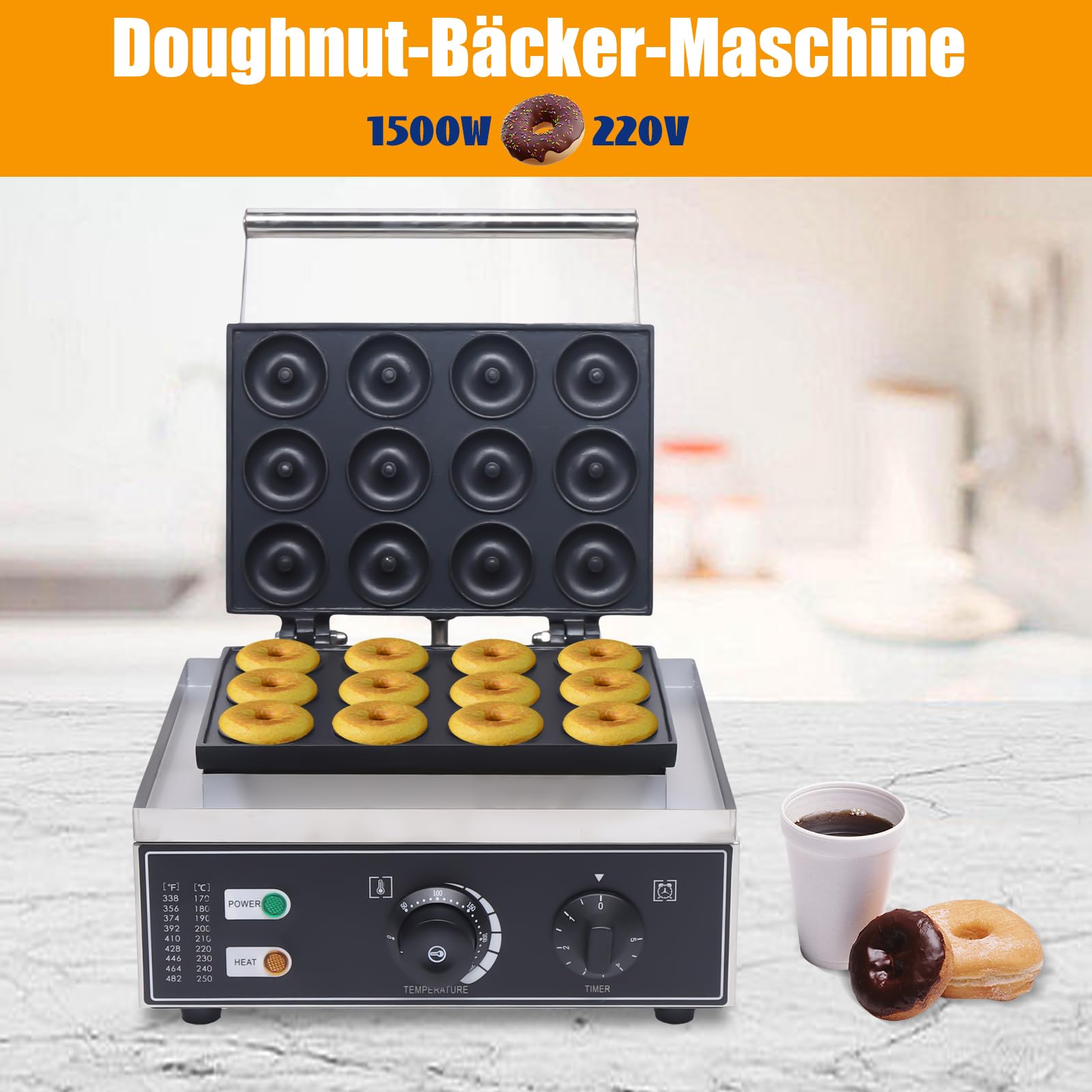 Elektrischer Donut Automat 1550W 12-Loch Backgerät mit Antihaft-Beschichtung Doppelseitige Heizung Edelstahl Gebäckmaschine für Haushalt Café 220V EU-Stecker
