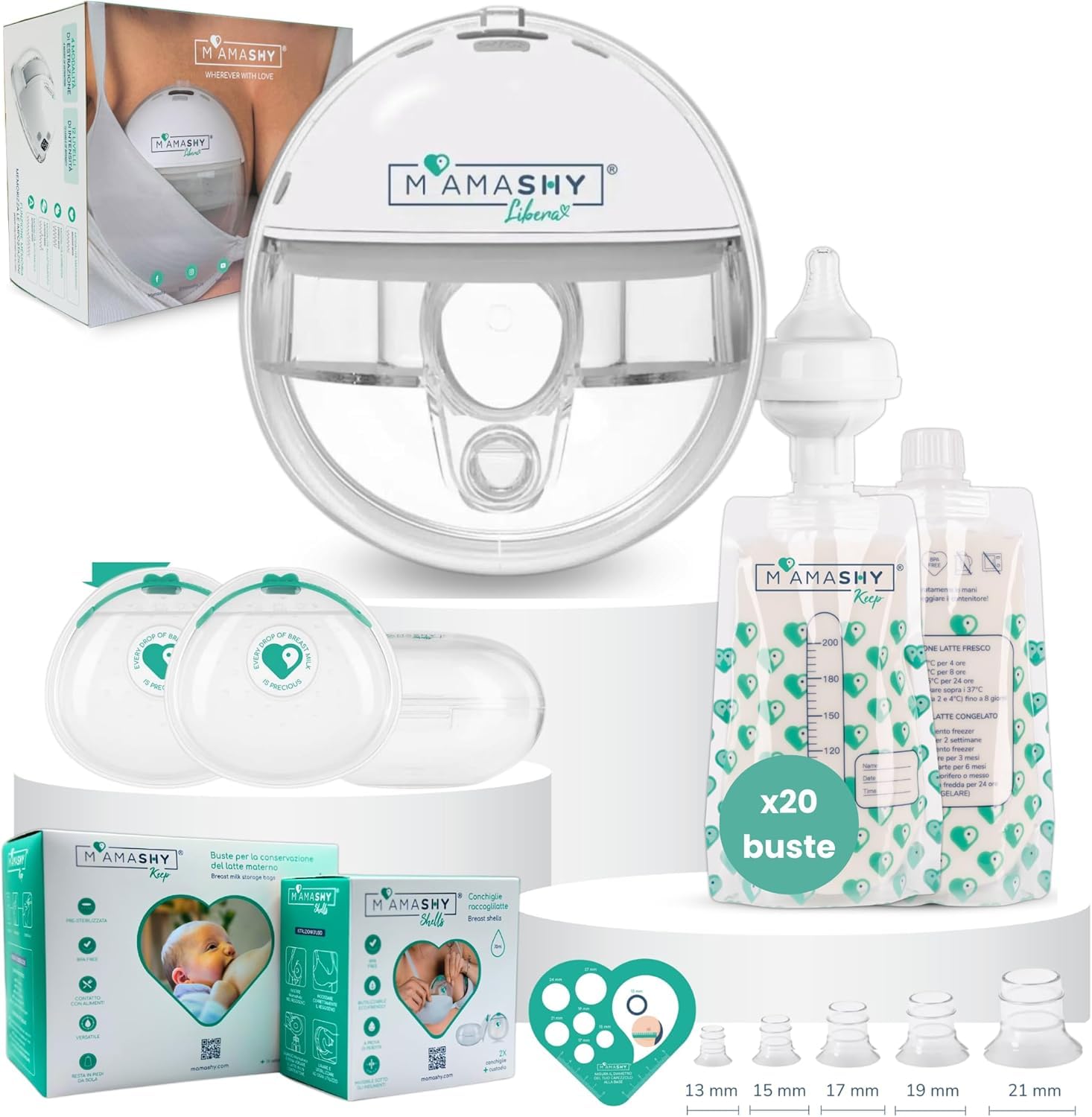 MAMASHY Libera Box – Tiralatte Elettrico Portatile e Silenzioso con 6 Taglie, Ricaricabile USB‑C, 5 Adattatori Silicone BPA‑Free, 20 Sacchetti Latte, 2 Coppette Raccogli Latte, Accessori Inclusi