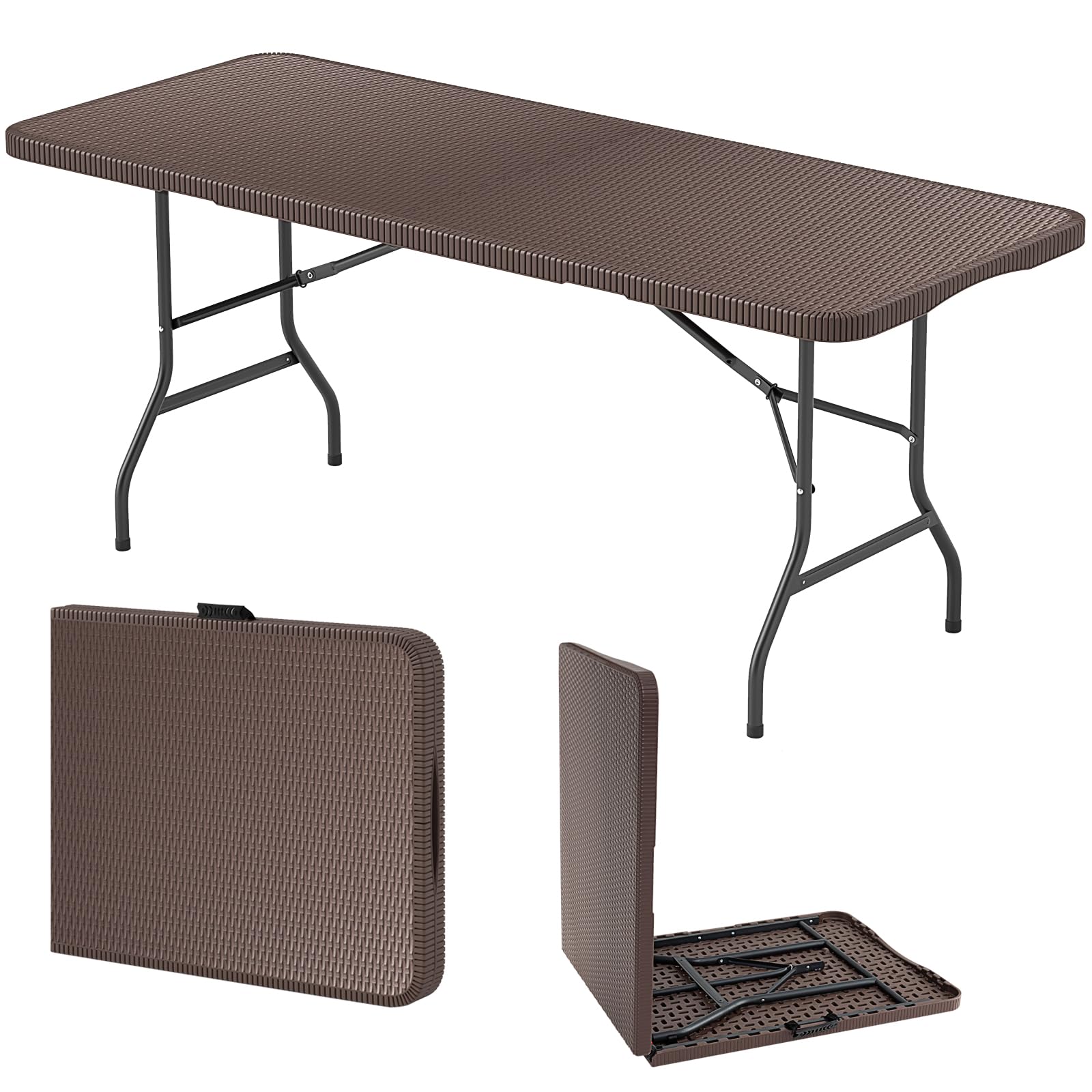 COSTWAY 5FT/6FT Folding Camping Table, Fold-in-half Portable Trestle Dining Picnic Table with Carrying Handle and HDPE Tabletop, Kitchen Garden Patio Picnic BBQ Table (Brown, 180 x 74 x 74 cm)