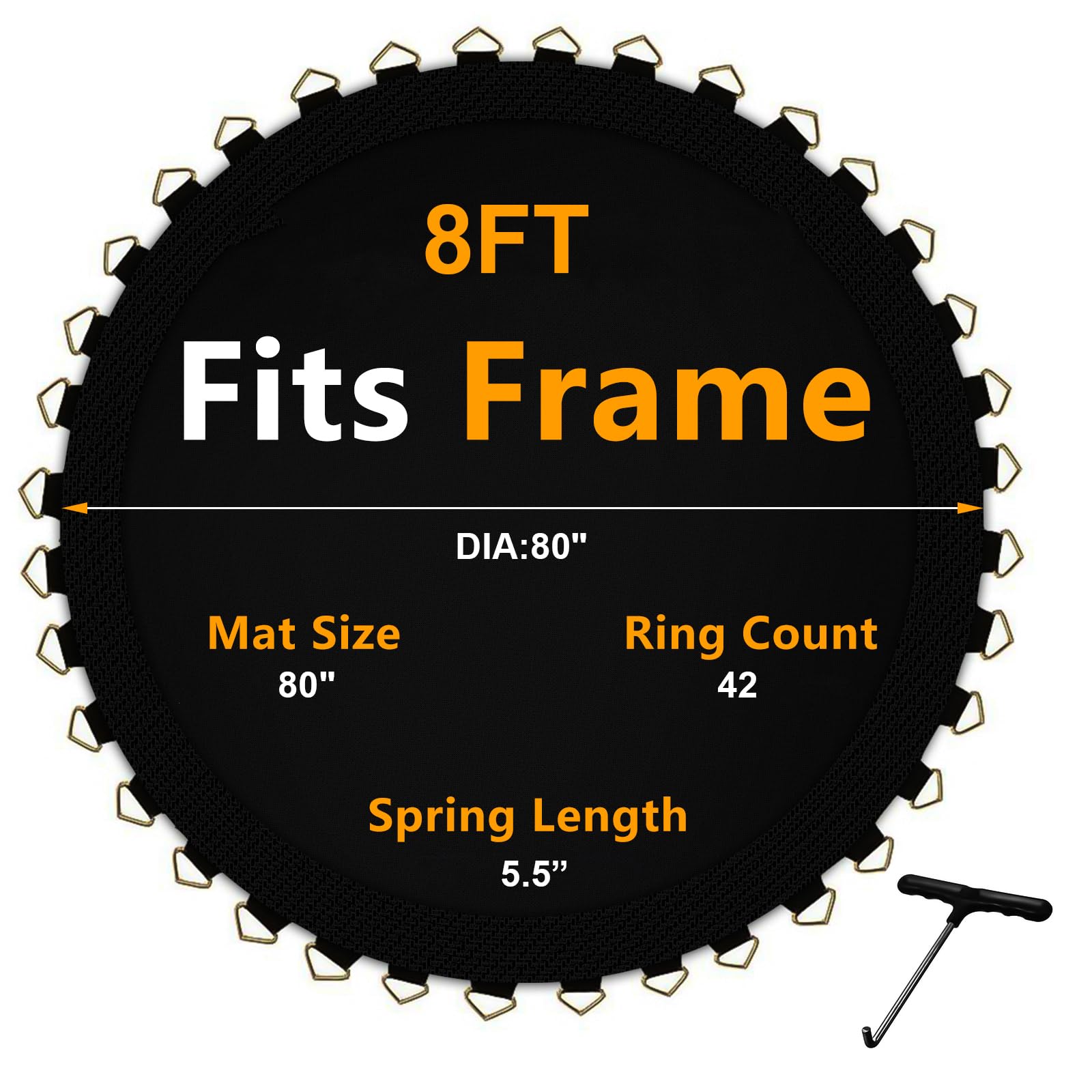 Trampoline Mat Replacement, Trampoline Mat with V-Rings and w/Spring Tool, Jumping Mat for Reinforce, UV-Resistant,Not Include Spring,5.5in Springs-8FT-42V-Rings-80in Mat.