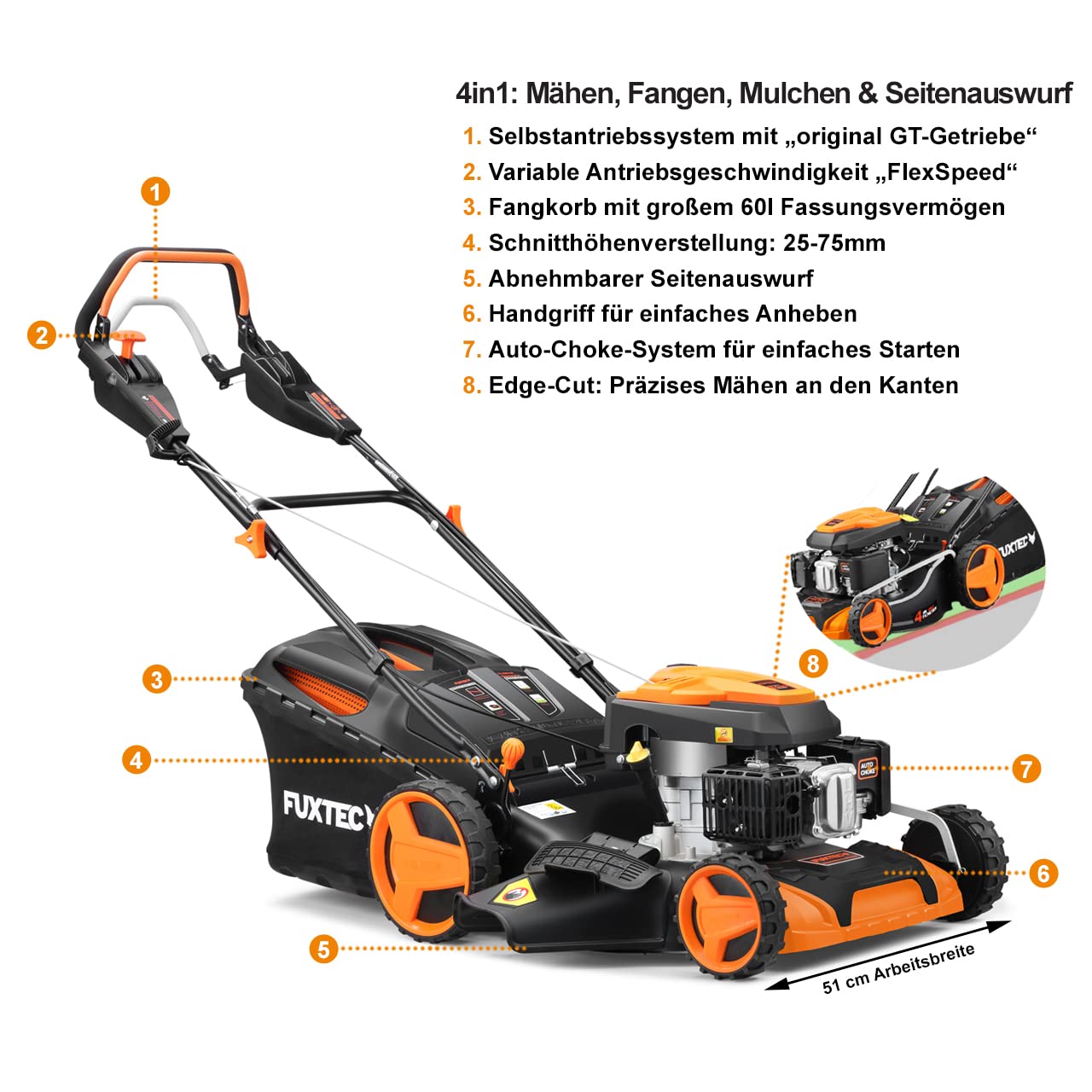 FUXTEC 4in1 Benzinrasenmäher FX-RM5196PRO mit Flexibler Antrieb, 51cm Schnittbreite, 4-Taktmotor, Frontstoßstange, kugelgelagerte Big Wheel Räder, 60L Grasfangkorb