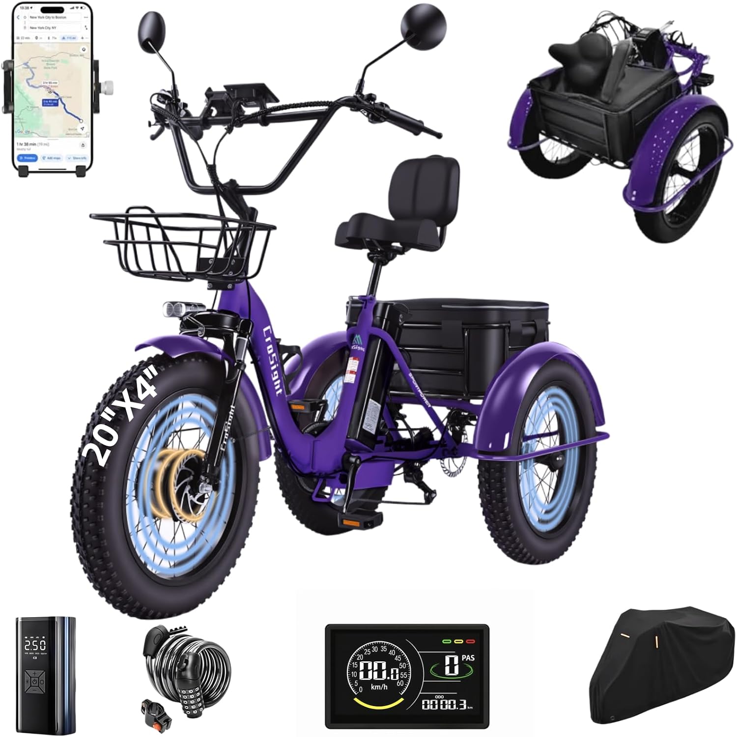 T3 Electric Tricycle for Adults, 20″x4″ Fat Tire Folding Electric Trike, 750W 48V 20.8Ah Long-Range Battery, Built-in Speaker, USB Port, 20MPH 75KM 7 Speed, 3 Wheel E-Trike