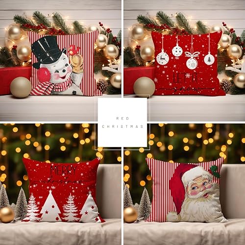 Miniatura 3 de Juego de 4 fundas de almohada decorativas de Navidad de 20 x 20 pulgadas, diseño de rayas rojas, Papá Noel, muñeco de nieve, copo de nieve, Feliz