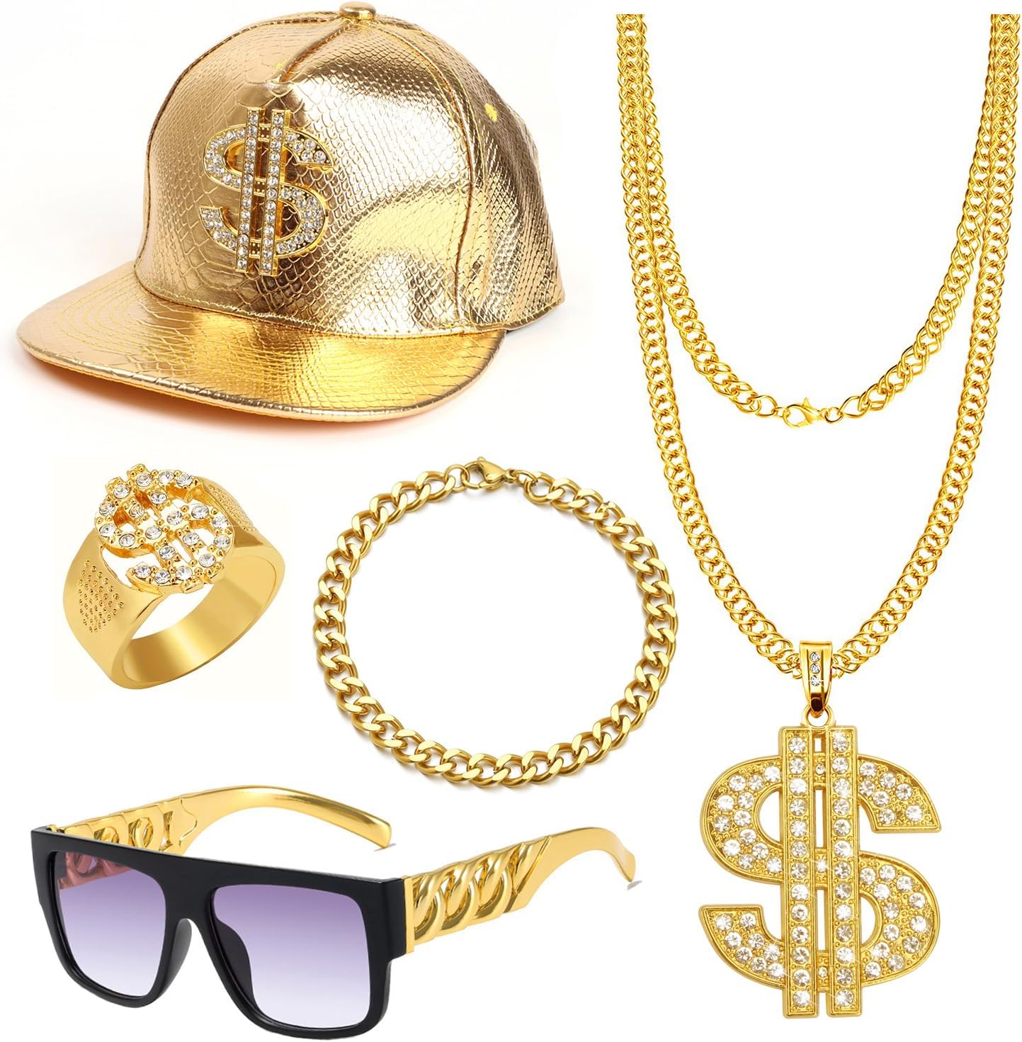 Amazon.com: MONAZEO 5Pcs 80s/90 Hip Hop Costume Kit Gold Rapper Hat ...