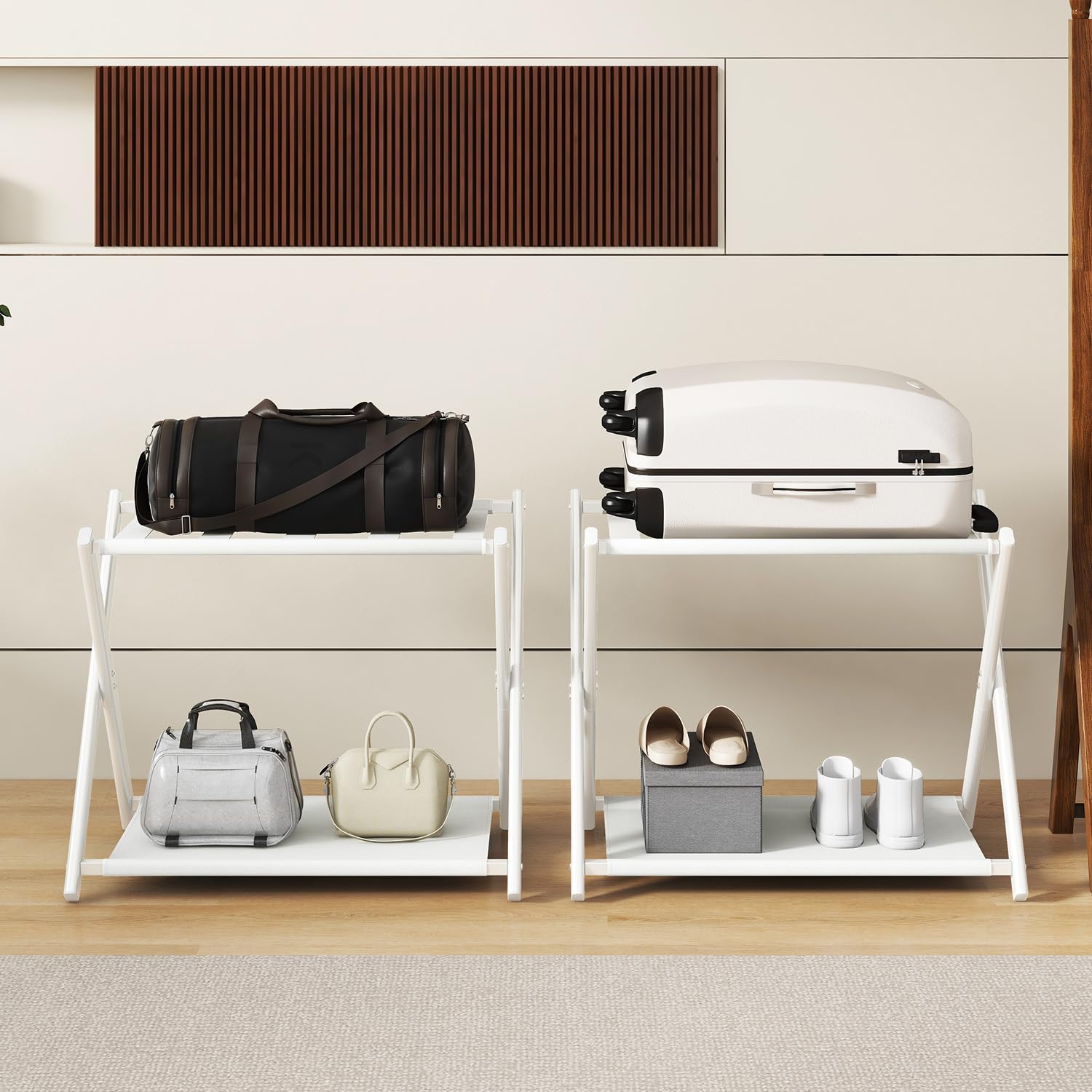 IBUYKE Luggage Rack for All Suitcase Sizes,Foldable Suitcase Stand with Fabric Storage Shelf,Easy to Assemble for Bedroom Living Room Hotel,White TLR002W-2