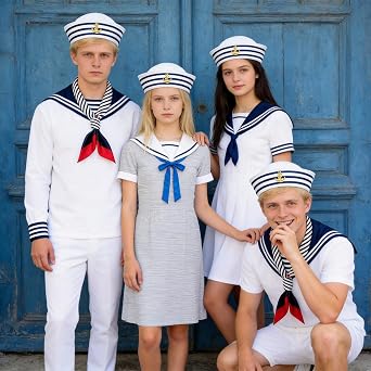WNXBFO 2PCS Sailor Hat and 2PCS Scarf Set, Sailor Costume, Blue and White Striped Sailor Captains Hat&Red Edge Blue Bar Square Scarf, Dressing Up Party for Women Men Costume Accessory