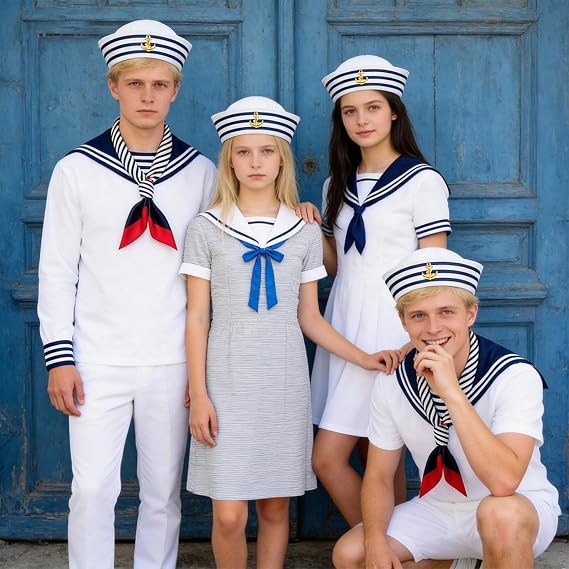WNXBFO 2PCS Sailor Hat and 2PCS Scarf Set, Sailor Costume, Blue and White Striped Sailor Captains Hat＆Red Edge Blue Bar Square Scarf, Dressing Up Party for Women Men Costume Accessory