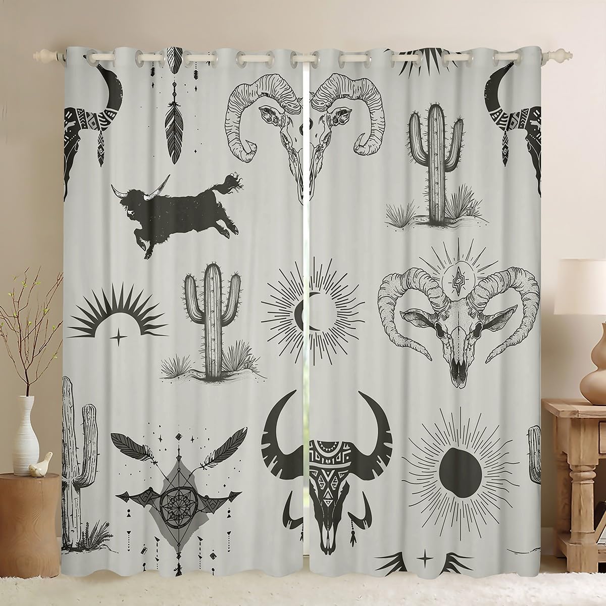 Erosebridal Native Aztec Blackout Curtains 38" Wx54 L, 2 Panels Western Boho Window Curtains Bull Skull Tribal Southwestern Window Treatments Drapes for Bedroom Cow Bohemian Geometric Black