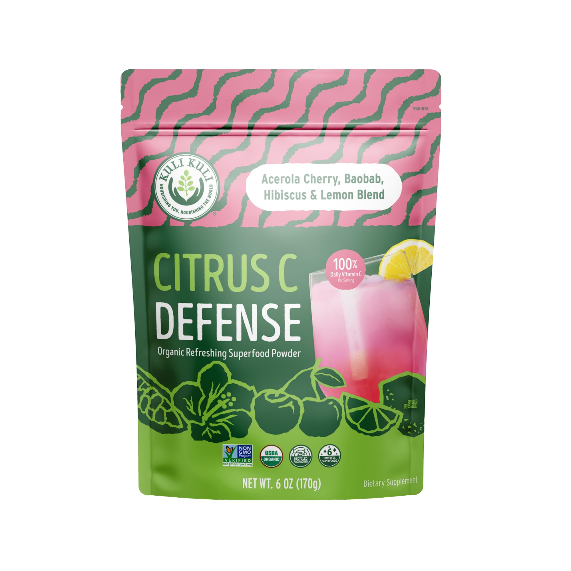 Kuli Kuli Citrus C Defense Superfood Powder [30 Servings] - Immune Support with Acerola Cherry, Hibiscus, Lucuma, and Baobab - Natural Vitamin C Boost for Daily WellnessUSDA Organic
