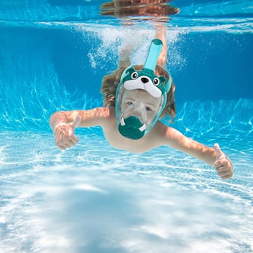 Miniatura 8 de Máscara de esnórquel de cara completa para niños, equipo de esnórquel para niños, máscara de esnórquel con vista panorámica de 180 con correas de