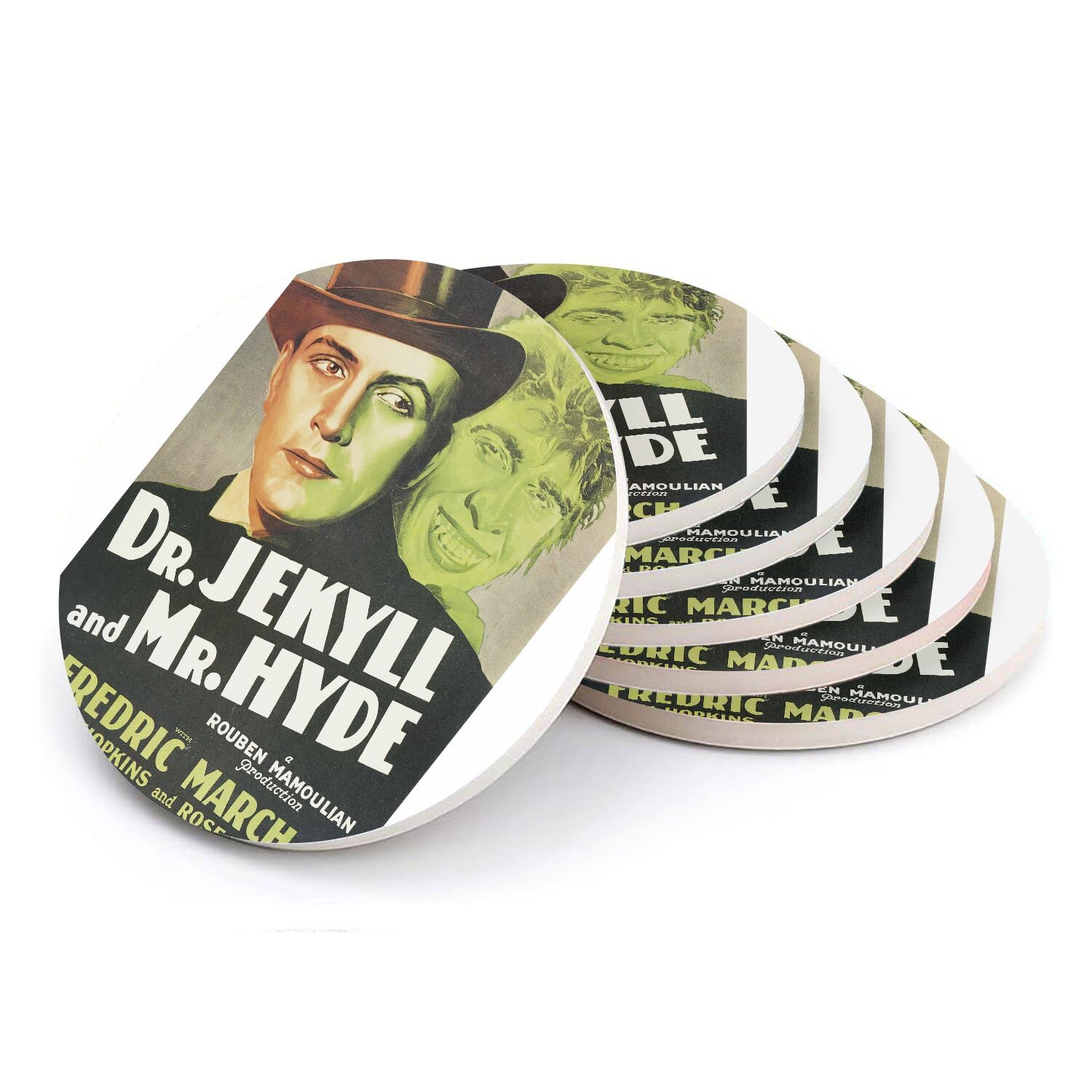 Sous-verre ronds en céramique rétro poster cinéma vintage Docteur Jekyll and Mister Hyde lot de 6