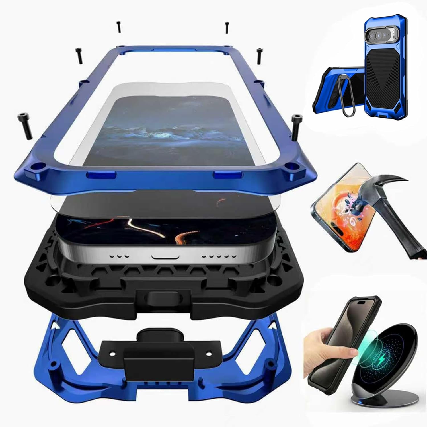 for Google Pixel 10 Pro XL/9 Pro XL Metal Case with Camera Cover Kickstand, Built-in Tempered Glass Screen Protector, Heavy Duty Military Grade Shockproof Full Body Case 2025 (Blue)