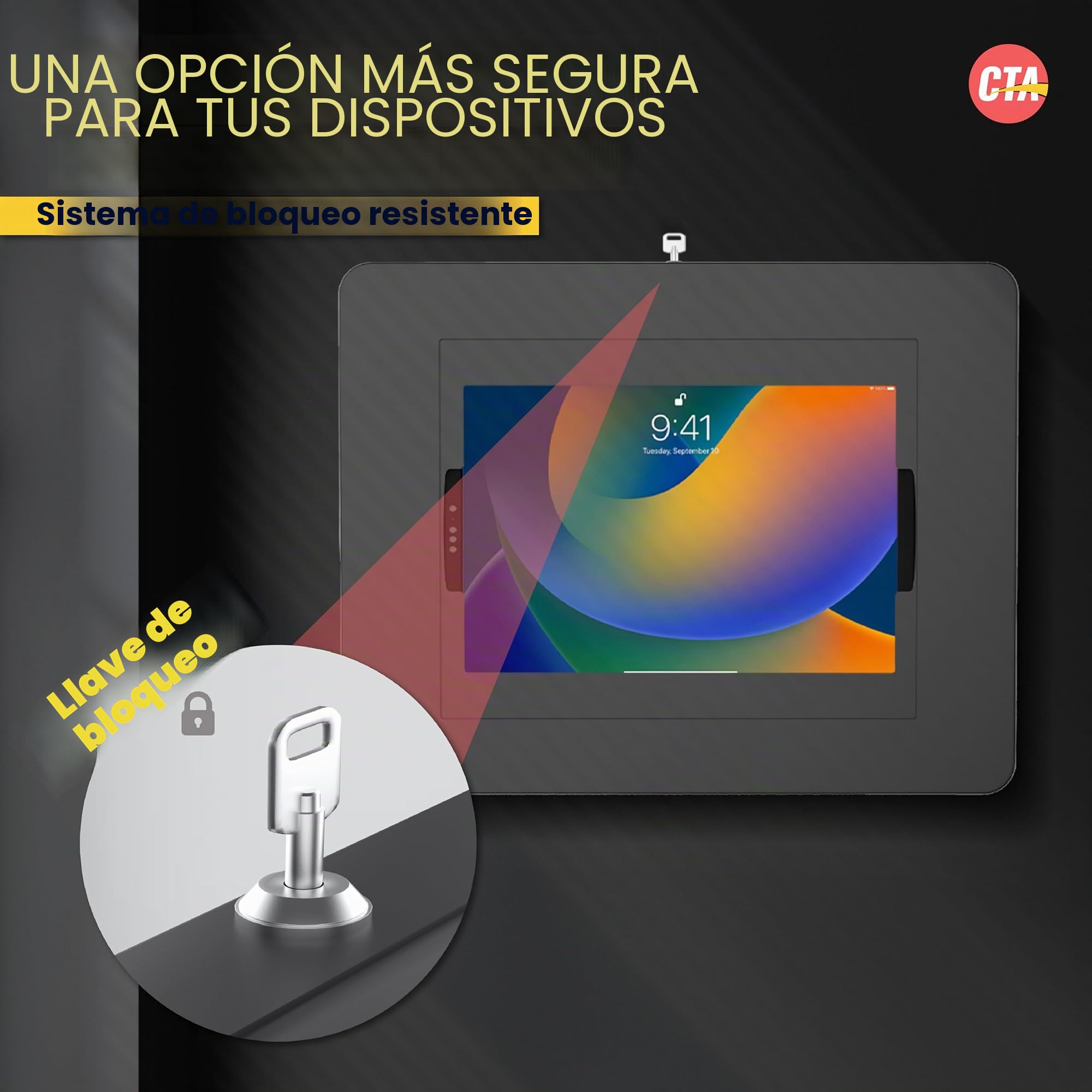 CTA - Soporte de Pared con Bloqueo para iPad, Carcasa Grande antirrobo para Tablet con Cerradura y enrutamiento Interior de Cables para iPad Pro de 13” (M4), iPad Pro de 12,9”, iPad Air de 13” M3/M2