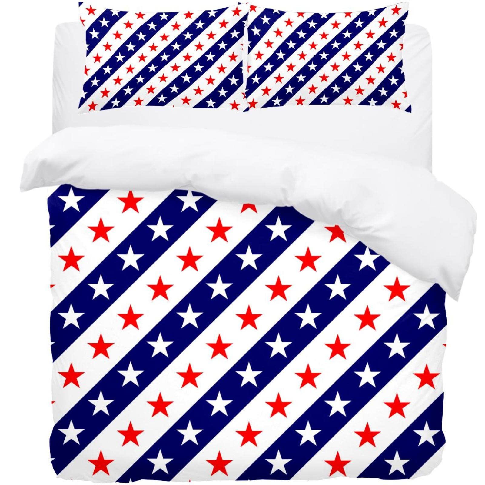 Parure de lit motif drapeau américain avec housse de couette 3 pièces bleu blanc rouge pour lit double
