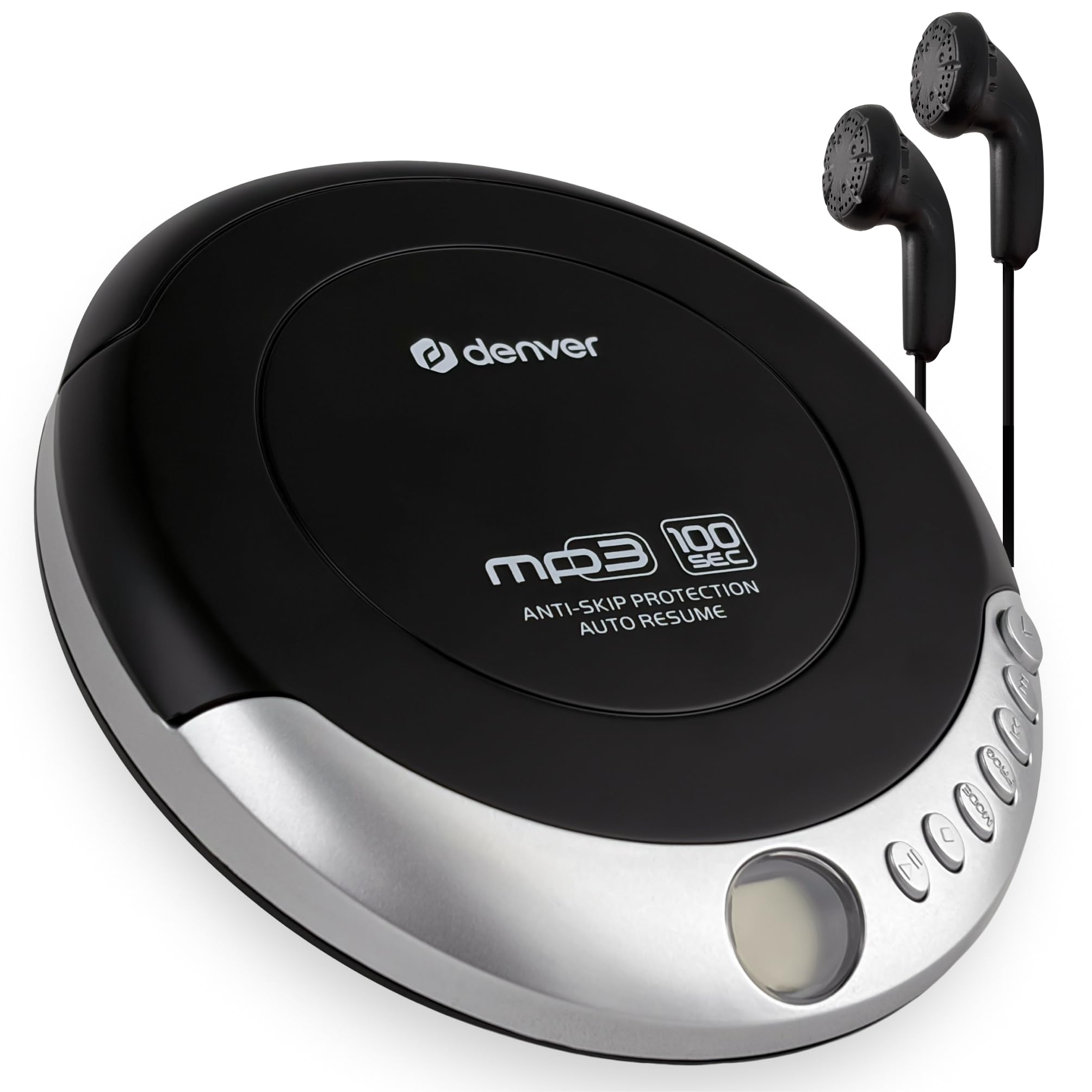 Denver DMP-391 Lecteur CD/MP3 Portable avec Anti-Choc, Reprise Automatique, écran LCD, Prise Casque, écouteurs Inclus, Noir